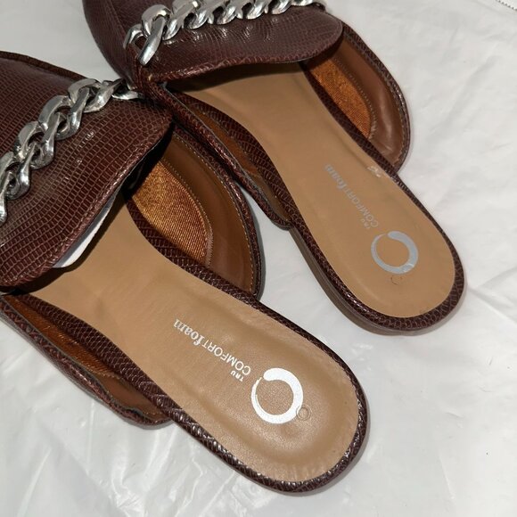 Brown Croc-Embossed Faux Leather Mules With Silver Chain Accent - Picture 3 of 5